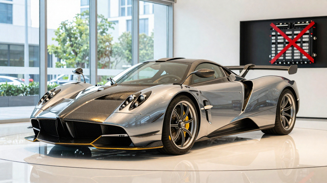 Carro esportivo prata com detalhes em carbono exibido em ambiente interno moderno e iluminado.