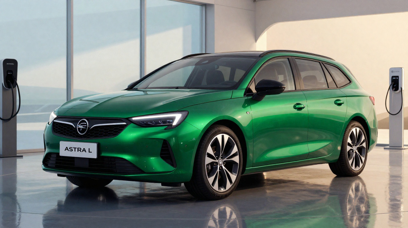 Carro verde Opel Astra L elétrico estacionado em ambiente interno com carregadores ao fundo.