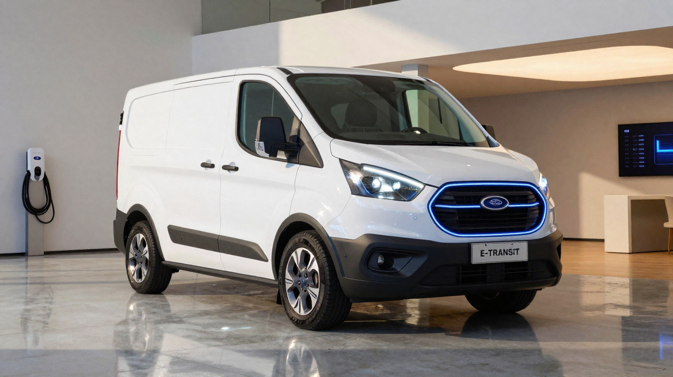 Van elétrica branca Ford E-Transit estacionada em ambiente interno moderno com carregador ao fundo.