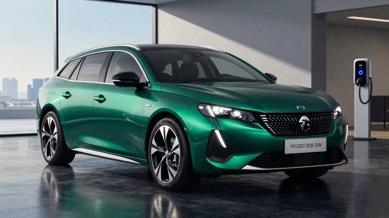 Carro verde Peugeot 308 SW elétrico estacionado em ambiente moderno com estação de carregamento ao fundo.