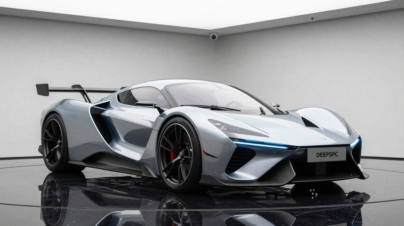Carro esportivo cinza metálico com design aerodinâmico e luzes de LED azuis em estúdio moderno.