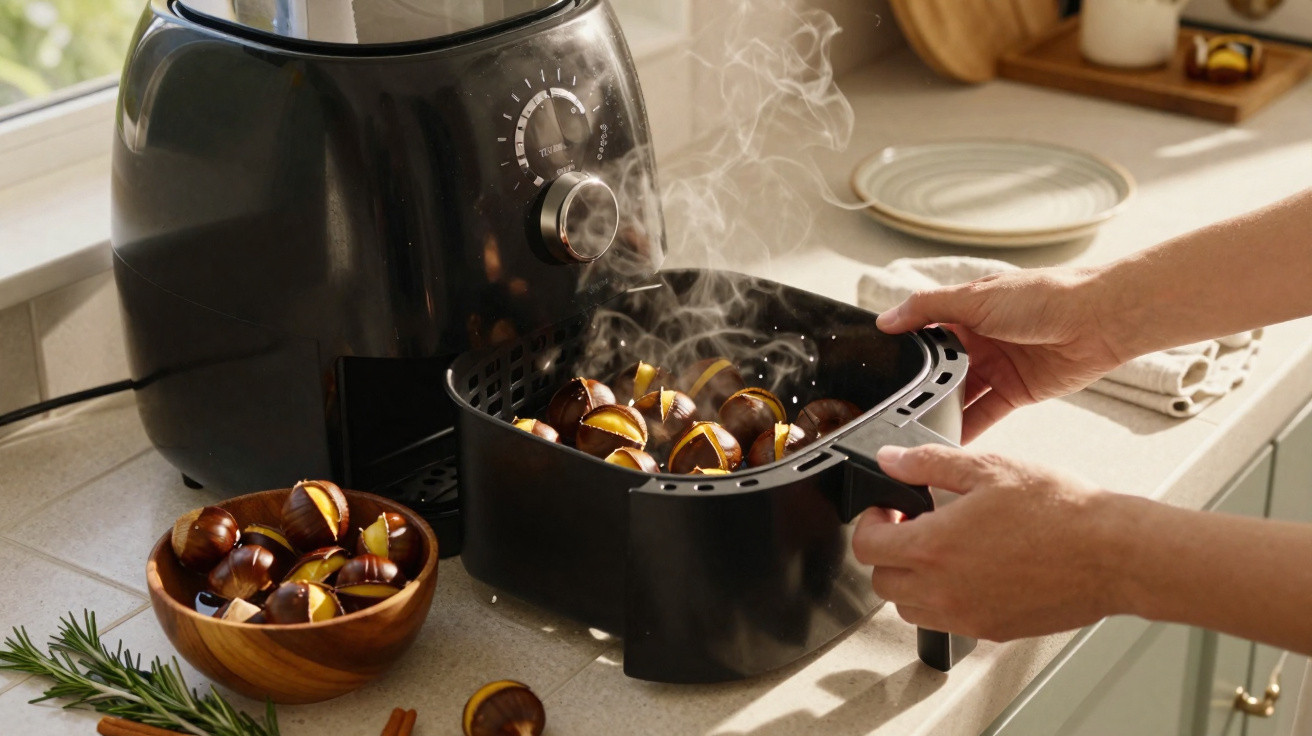 Pessoa retirando castanhas quentes fumegantes da cesta de uma air fryer preta na cozinha.