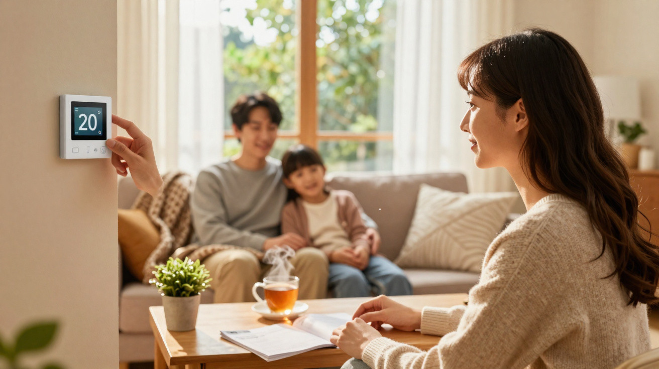 Mulher ajusta termostato digital em casa enquanto homem e criança sorriem no sofá ao fundo.