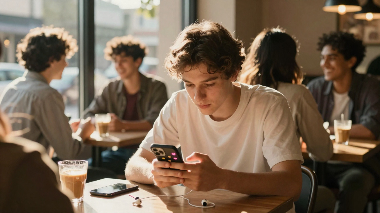Jovem usando celular sentado à mesa em café, com grupo de amigos ao fundo conversando e sorrindo.