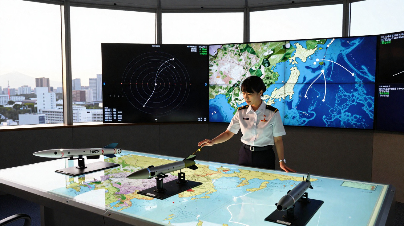 Oficial militar analisando maquetes de mísseis sobre mesa com mapas e telas de radar ao fundo.