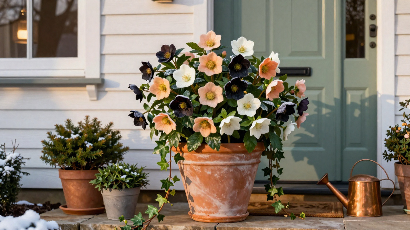 Vaso de flores coloridas em frente a porta verde de uma casa com macetas e regador de cobre.