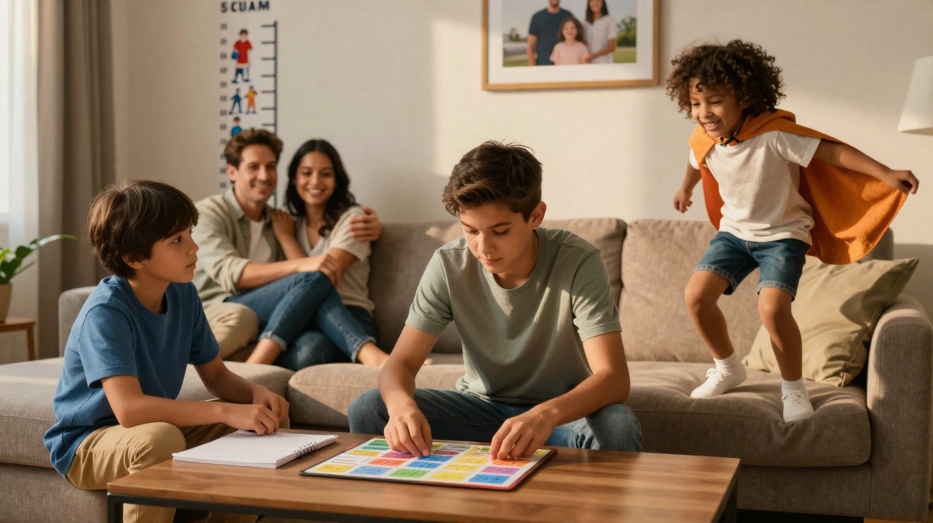 Crianças brincando no tabuleiro enquanto dois adultos assistem sorrindo em uma sala de estar.