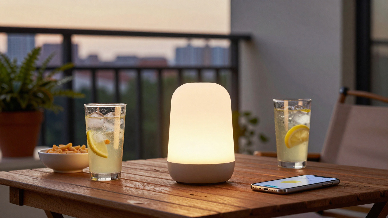 Mesa de madeira com luminária acesa, dois copos de limonada com gelo e celular ao entardecer na varanda.