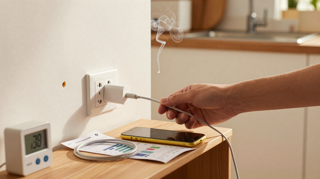 Mão segurando cabo de carregador perto de tomada com plugue conectado em ambiente interno.