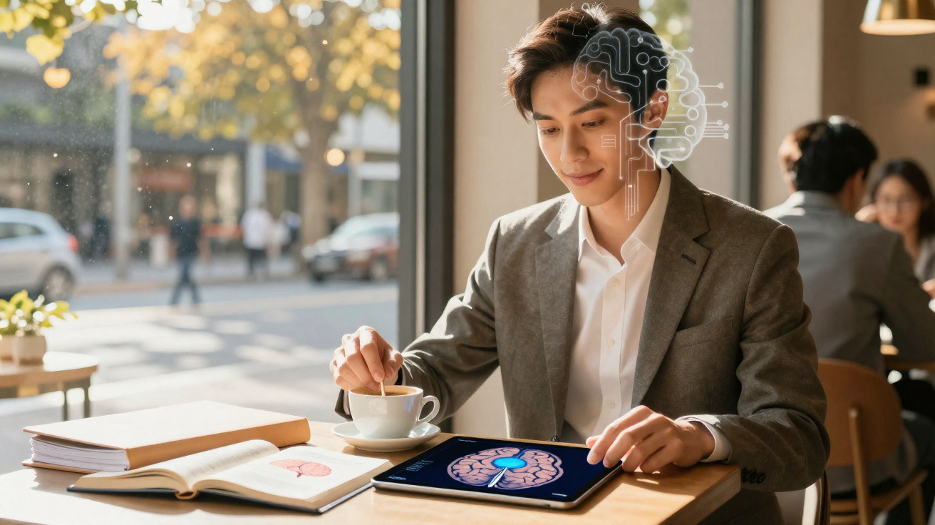 Jovem usa tablet com ilustração de cérebro enquanto toma café em cafeteria iluminada pela luz natural.
