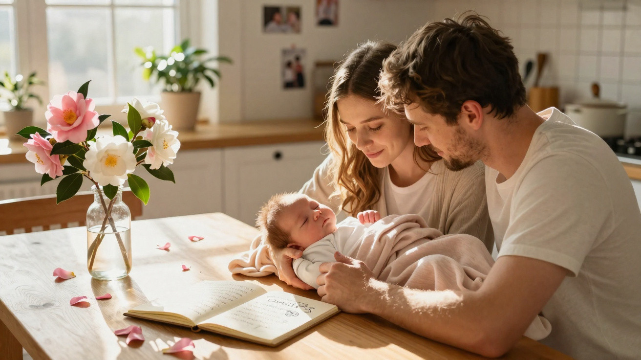 Casal sorrindo segurando um bebê em uma cozinha iluminada, com flores e um caderno na mesa.