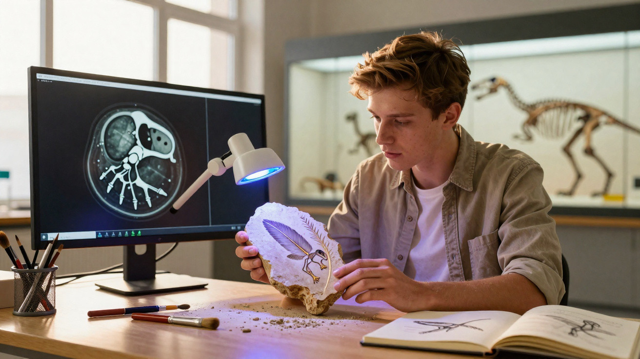 Jovem analisando fóssil de pássaro em laboratório com imagem de fóssil digital na tela do computador.