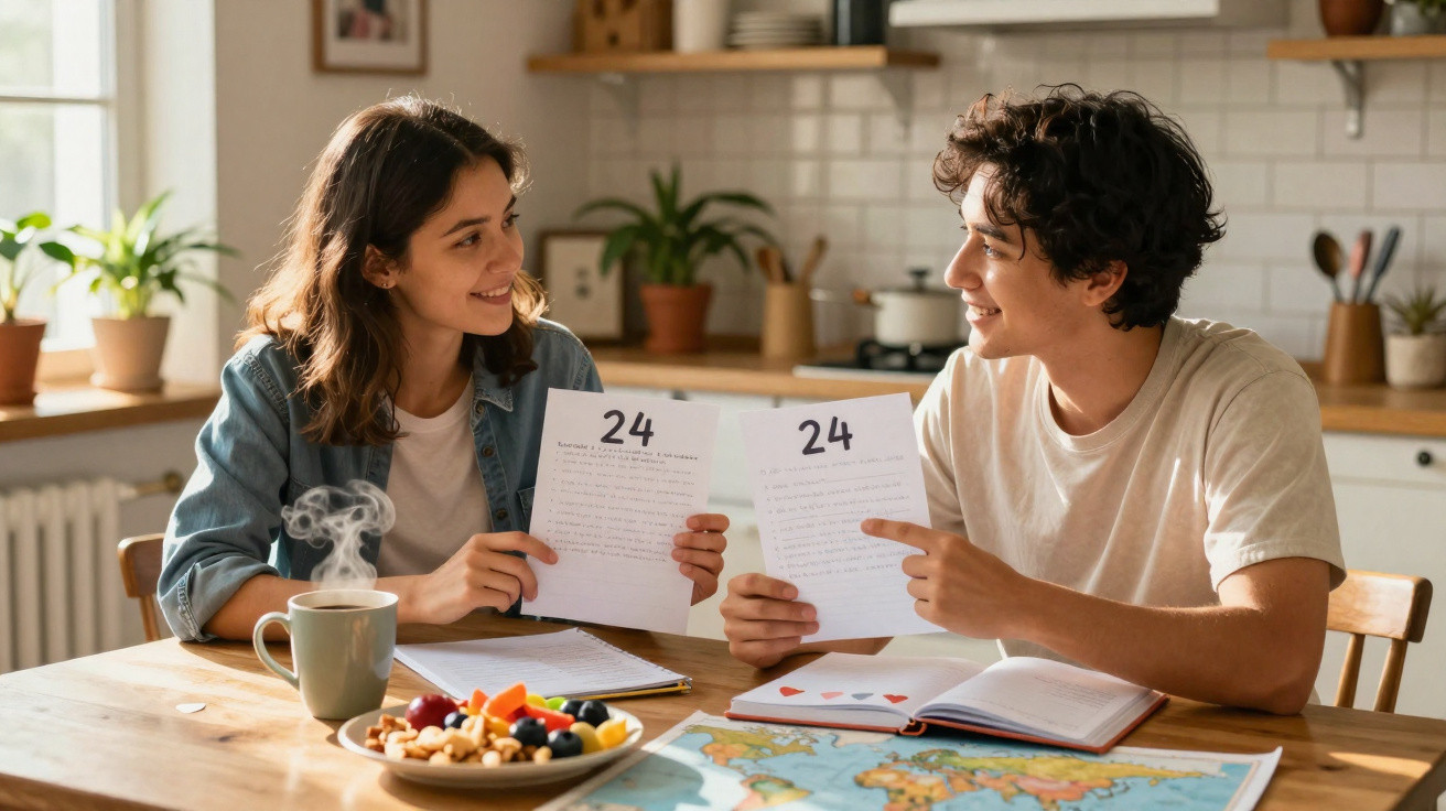 Casal jovem sentado à mesa, sorrindo e mostrando duas folhas com o número 24 escritas.