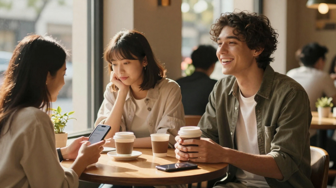 Três jovens conversando e tomando café em cafeteria com luz natural entrando pela janela.