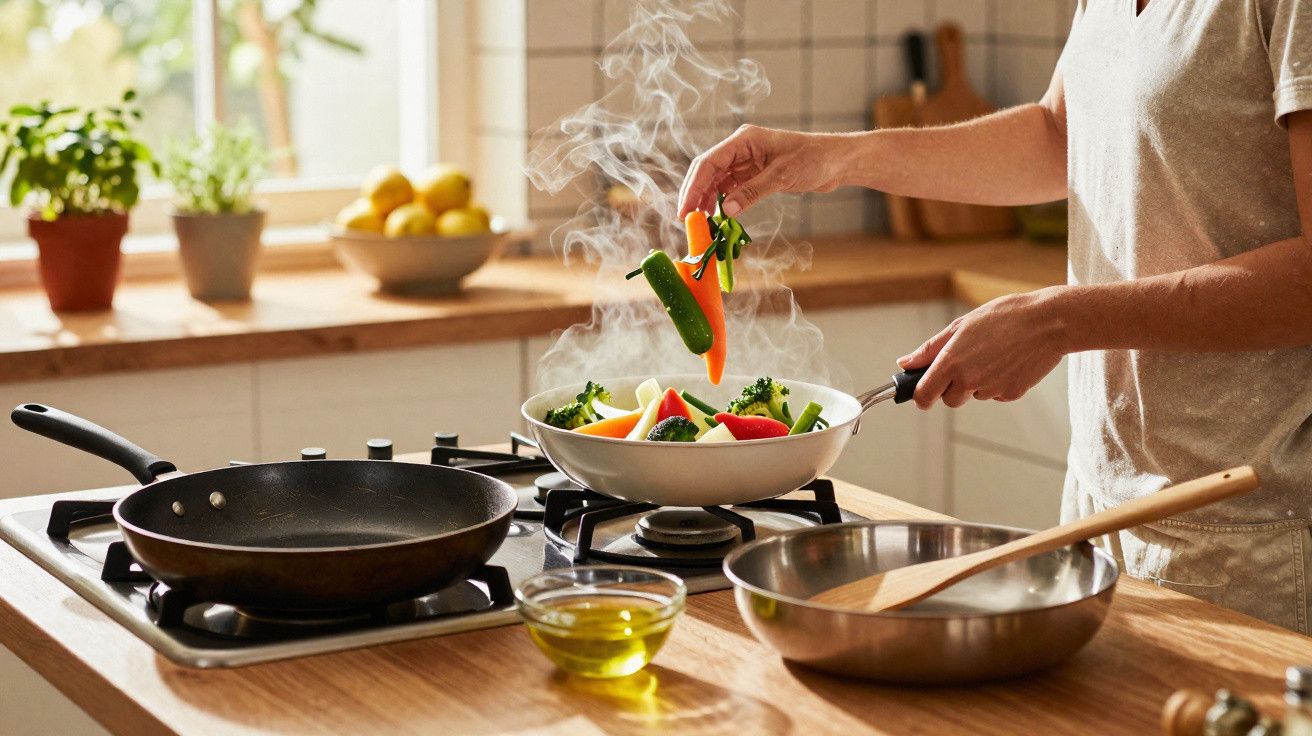 Pessoa cozinhando legumes frescos em frigideira com vapor em fogão na cozinha iluminada.