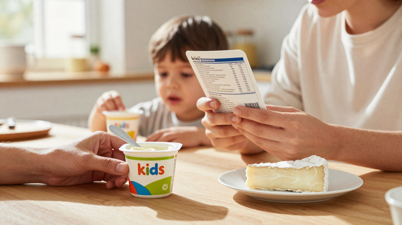 Pessoa lendo informações nutricionais de iogurte kids com criança ao fundo e prato com pedaço de queijo na mesa.