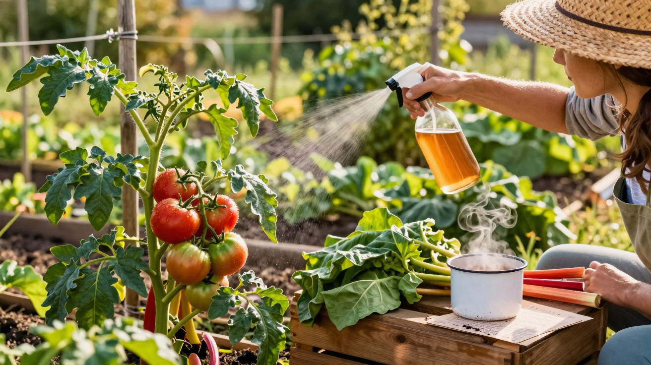 Pessoa pulverizando planta de tomate com solução natural em jardim de hortaliças.