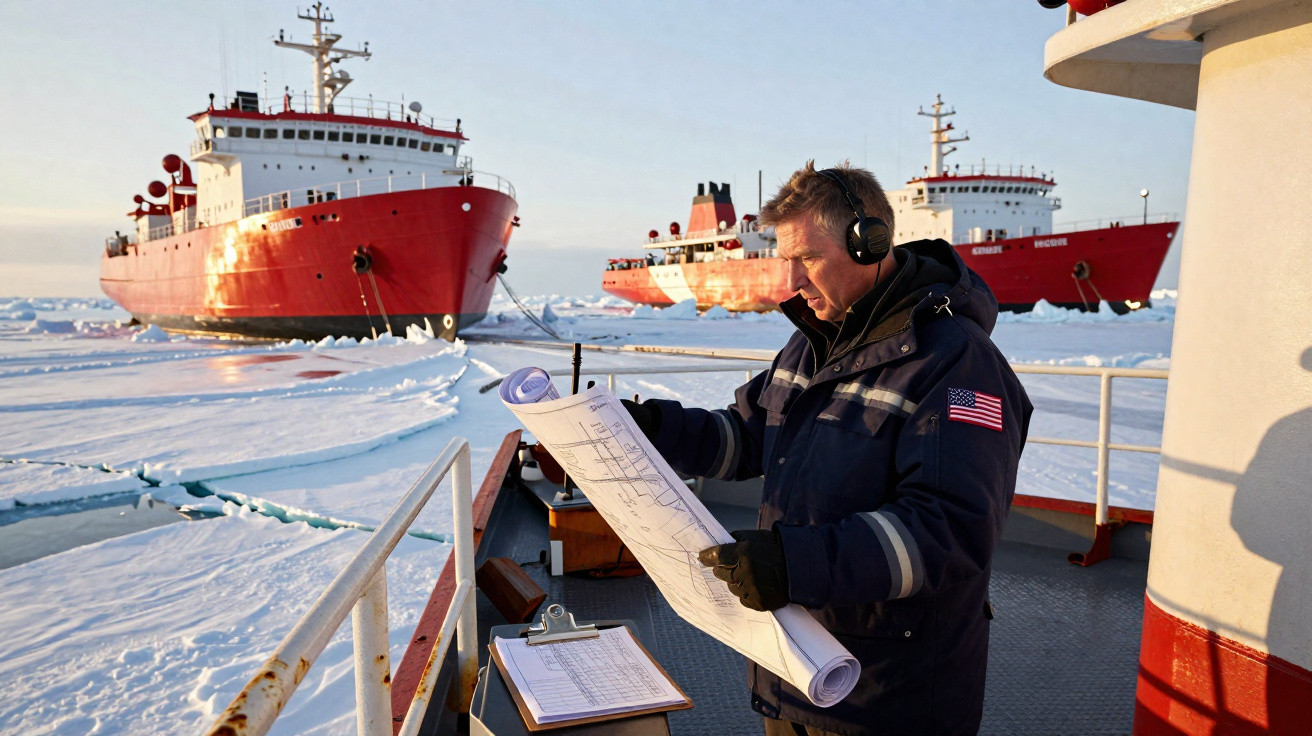 Homem com jaqueta de trabalho e fones analisa mapas a bordo com dois grandes navios vermelhos no gelo ao fundo.