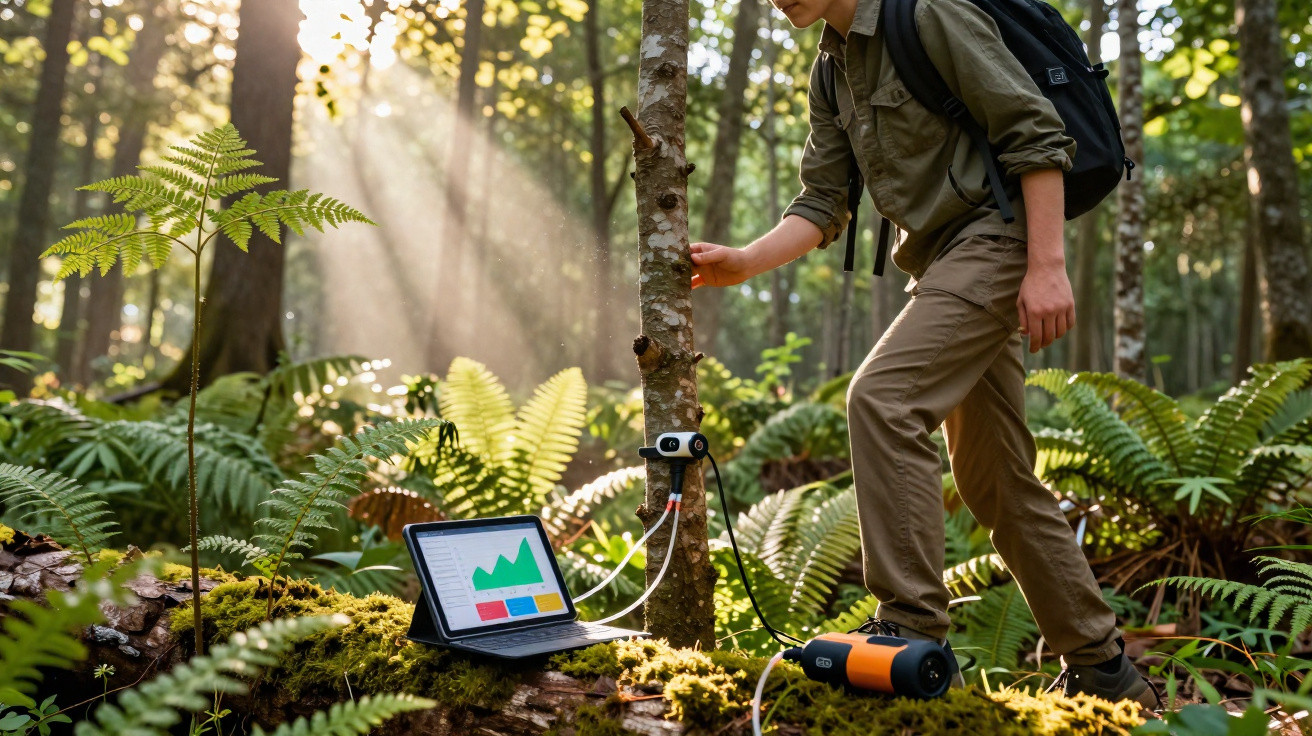 Pessoa usando equipamentos de monitoramento ambiental conectado a uma árvore em floresta iluminada pelo sol.