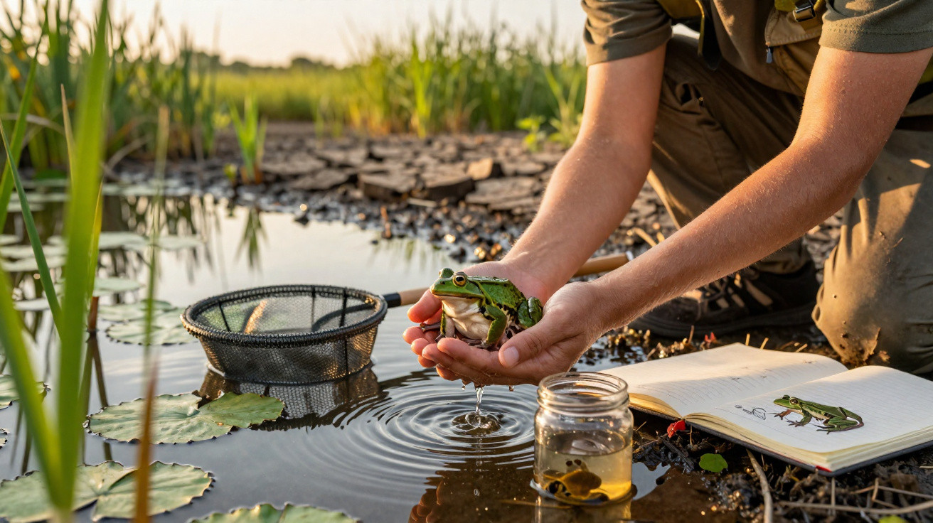 Pessoa segurando um sapo verde próximo a um lago com rede de pesca e caderno de anotações aberto.