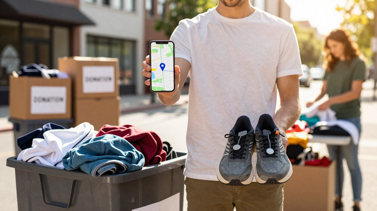 Pessoa segura tênis e celular com mapa, ao fundo pessoa organiza roupas para doação em caixas na rua.