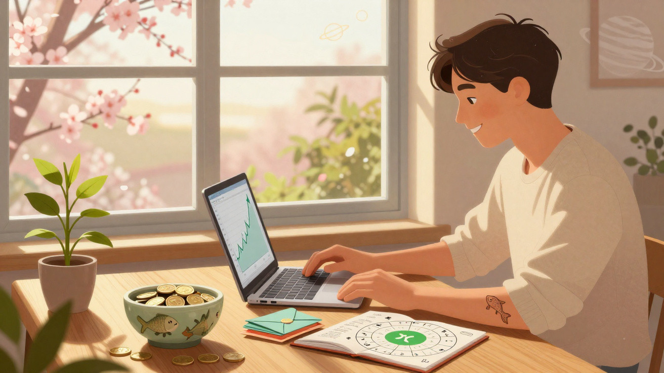 Jovem trabalhando em laptop com gráfico crescente, calendário e moedas em mesa perto de janela com vista para jardim.