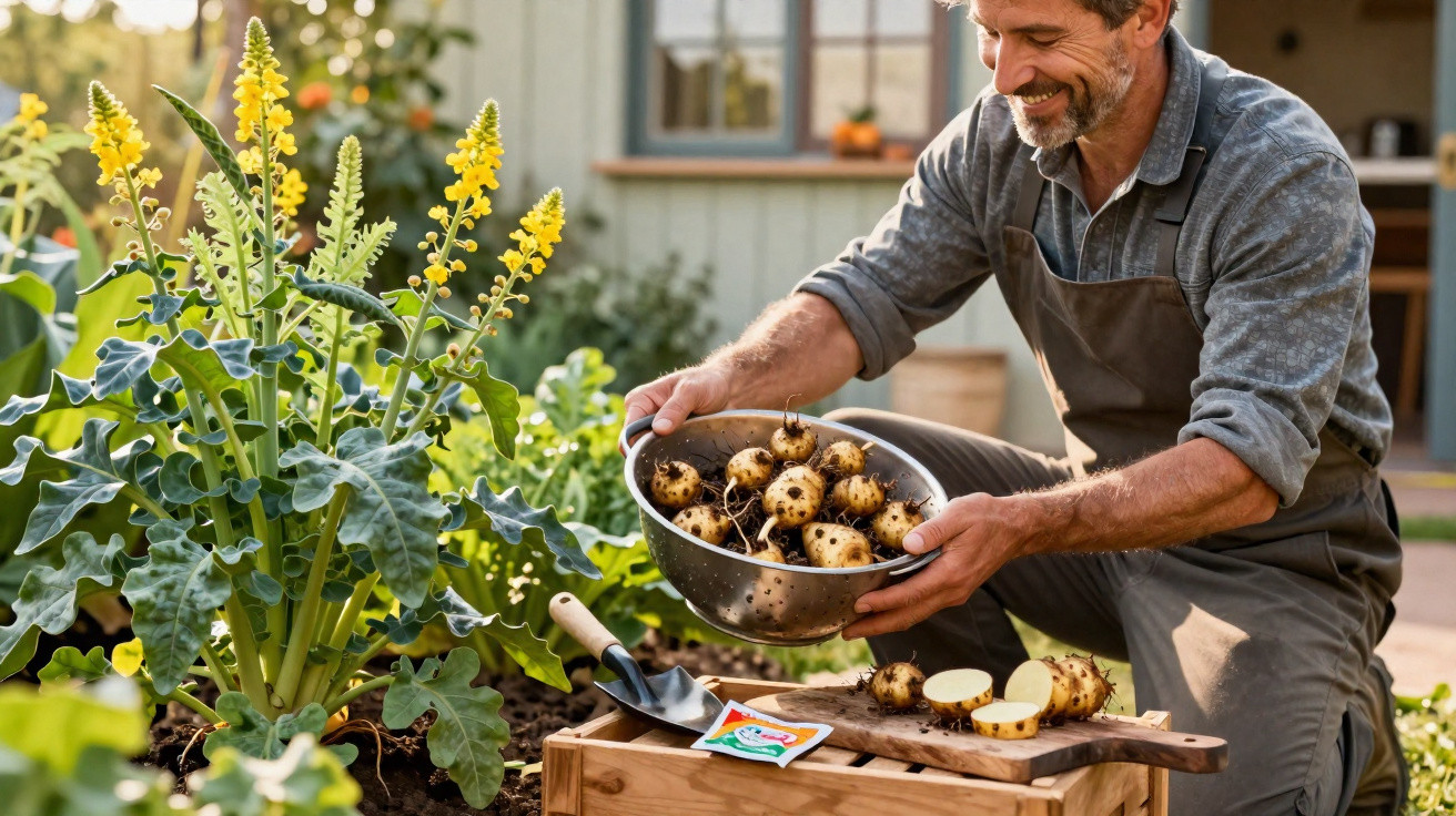Homem feliz colhendo batatas frescas em um jardim ensolarado ao ar livre, com flores amarelas ao lado.