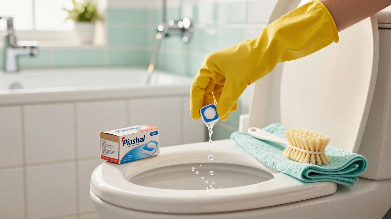 Mão com luva amarela colocando produto de limpeza em pastilha dentro da privada branca em banheiro.