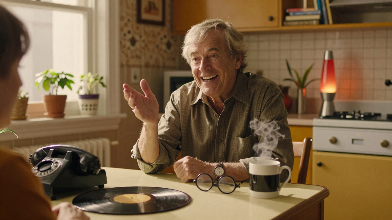 Homem sorridente conversa animadamente na cozinha vintage com vinil, telefone antigo e xícara fumegante à mesa.