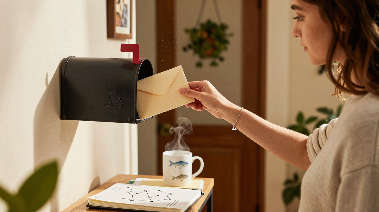 Pessoa abrindo caixa de correio preta para retirar carta amarela em ambiente interno com mesa e caneca.