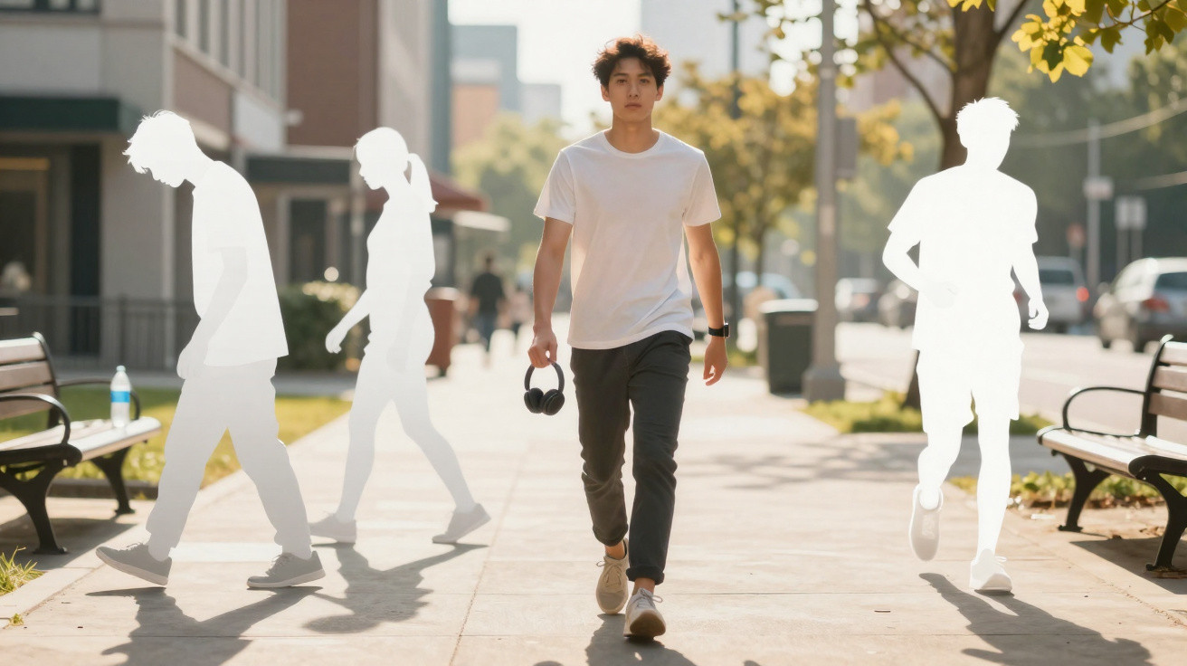 Jovem de camiseta branca caminhando em calçada urbana iluminada pelo sol, com fones na mão.