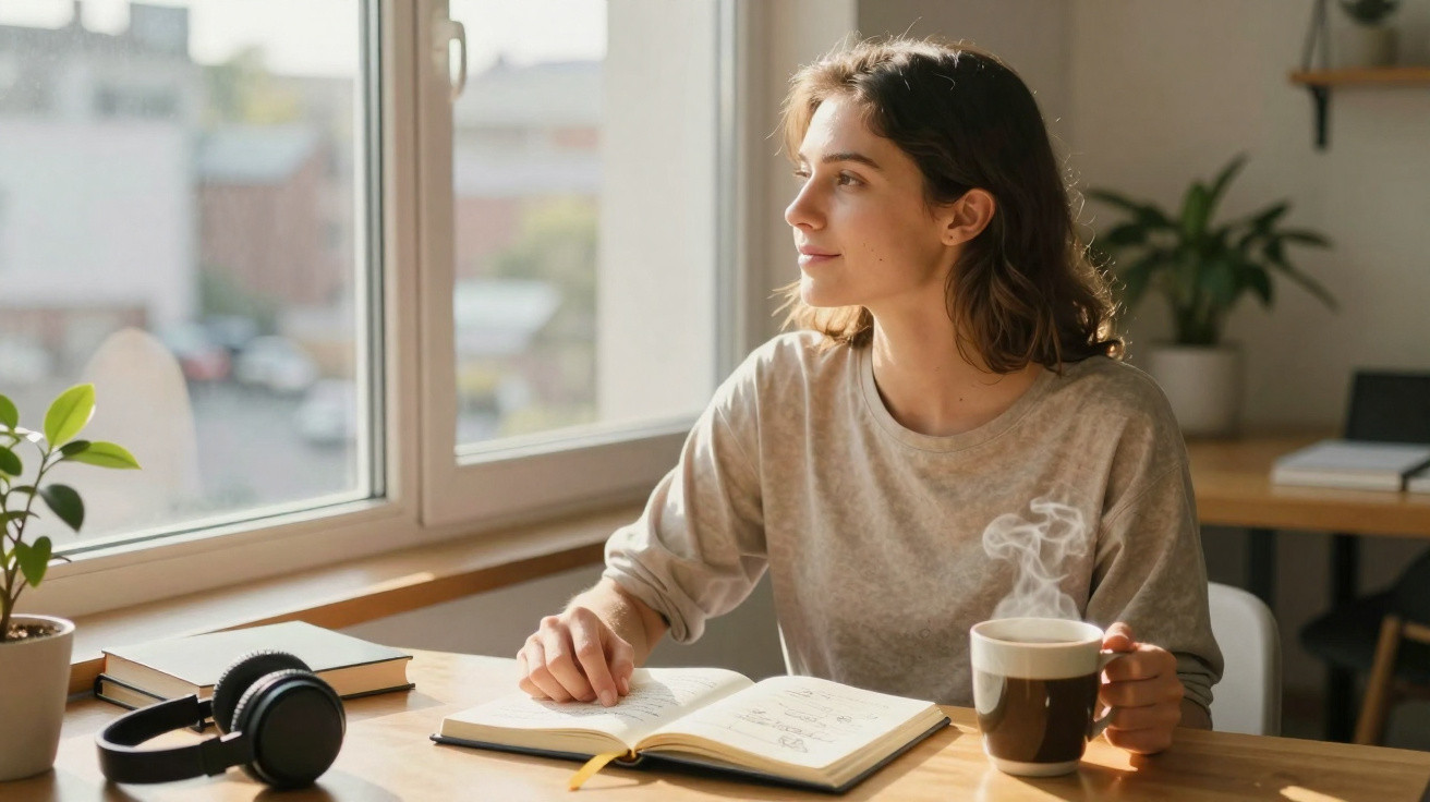 Mulher jovem sentada à mesa, segurando café quente e olhando pela janela, com livro e fones na mesa.