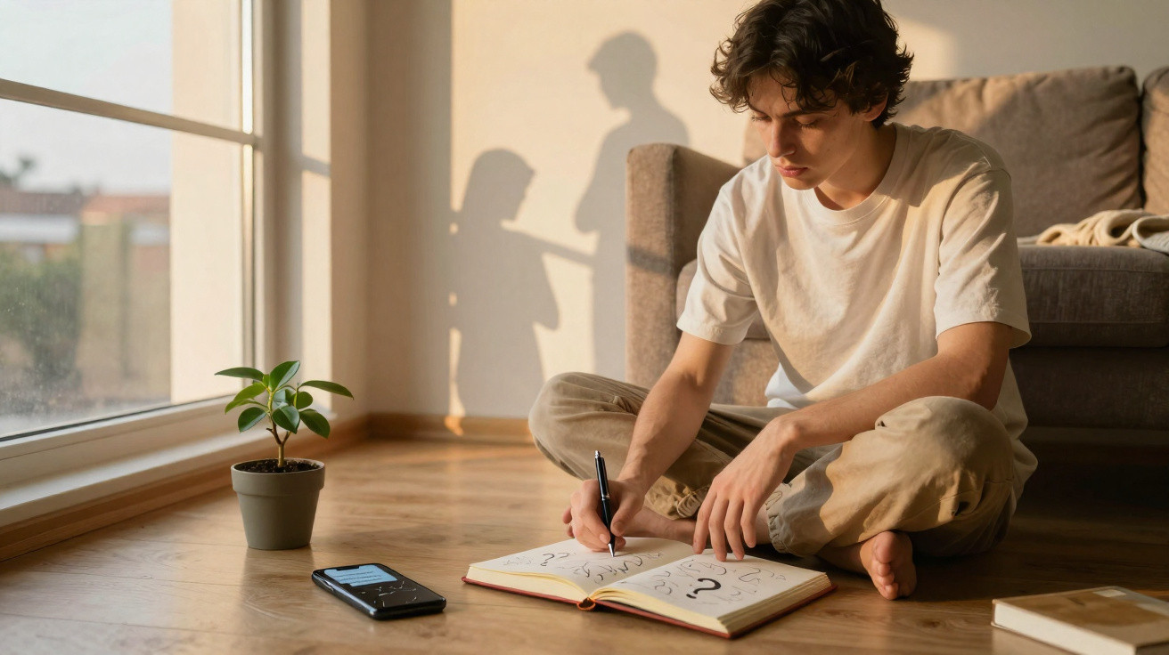 Jovem sentado no chão, escrevendo em caderno com várias interrogações desenhadas.