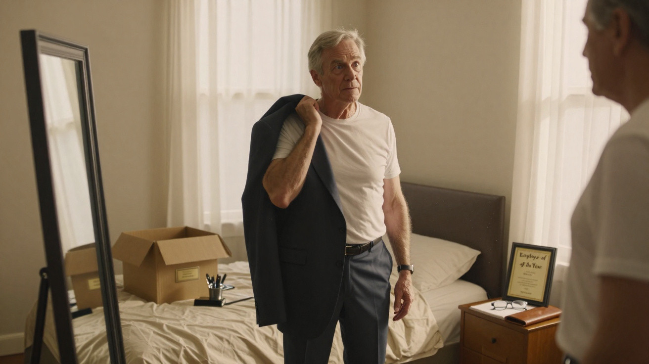 Homem idoso vestindo terno, olhando para o espelho em quarto simples com cama e caixa de papelão.