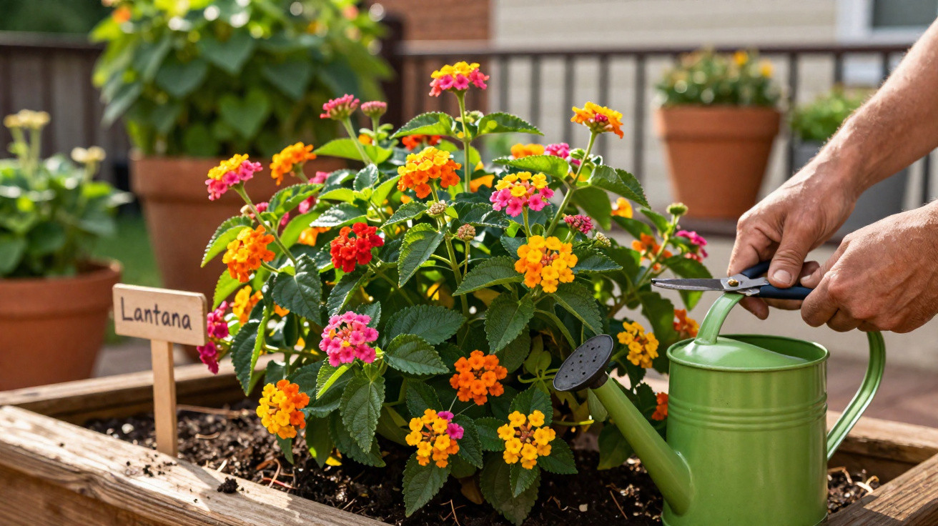 Flores coloridas de lantana em vaso de madeira com regador verde e pessoa cuidando no jardim.