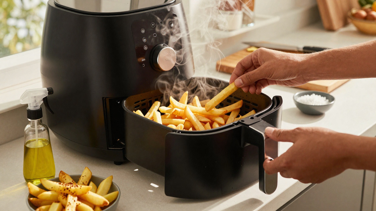 Mãos retirando batatas fritas quentes e fumegantes de uma air fryer preta na cozinha.