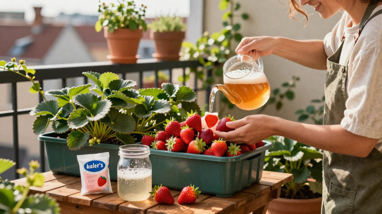 Pessoa regando morangos cultivados em vaso grande em ambiente externo com várias plantas ao fundo.