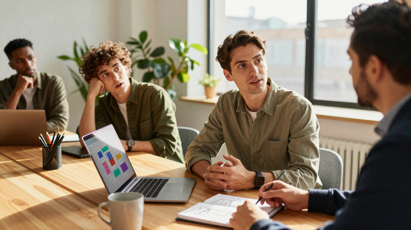Quatro homens jovens discutindo projeto em reunião de trabalho em escritório moderno com laptop e anotações.