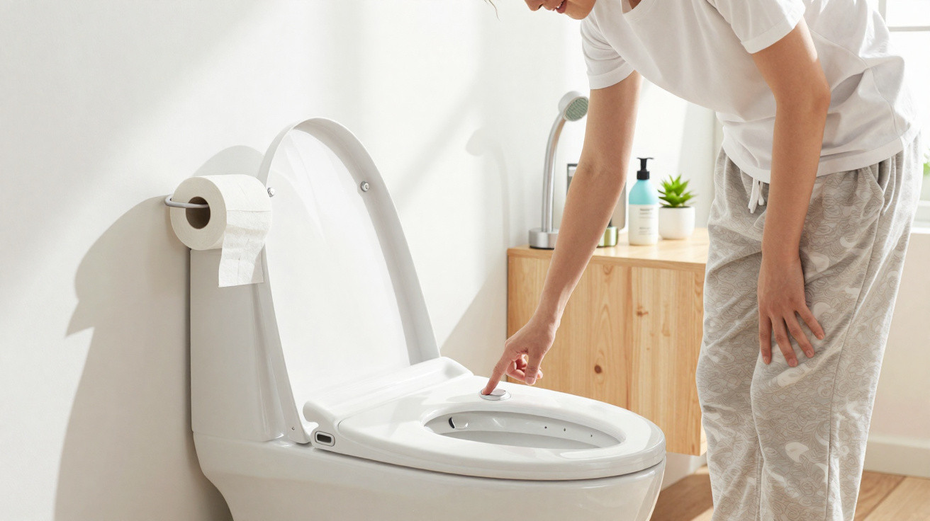 Pessoa abrindo a tampa de um vaso sanitário branco em banheiro claro com papel higiênico na parede.