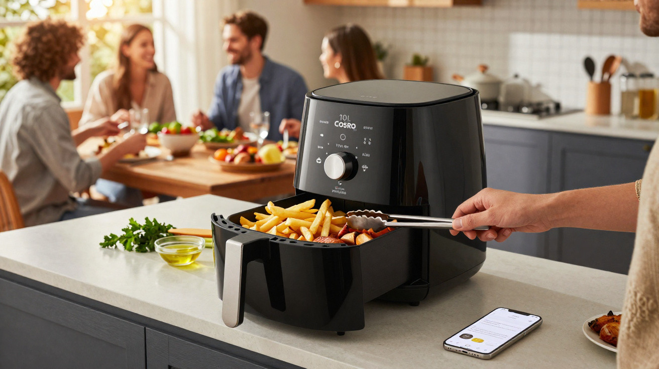 Pessoa retira batatas fritas e legumes de uma fritadeira air fryer preta na cozinha moderna.