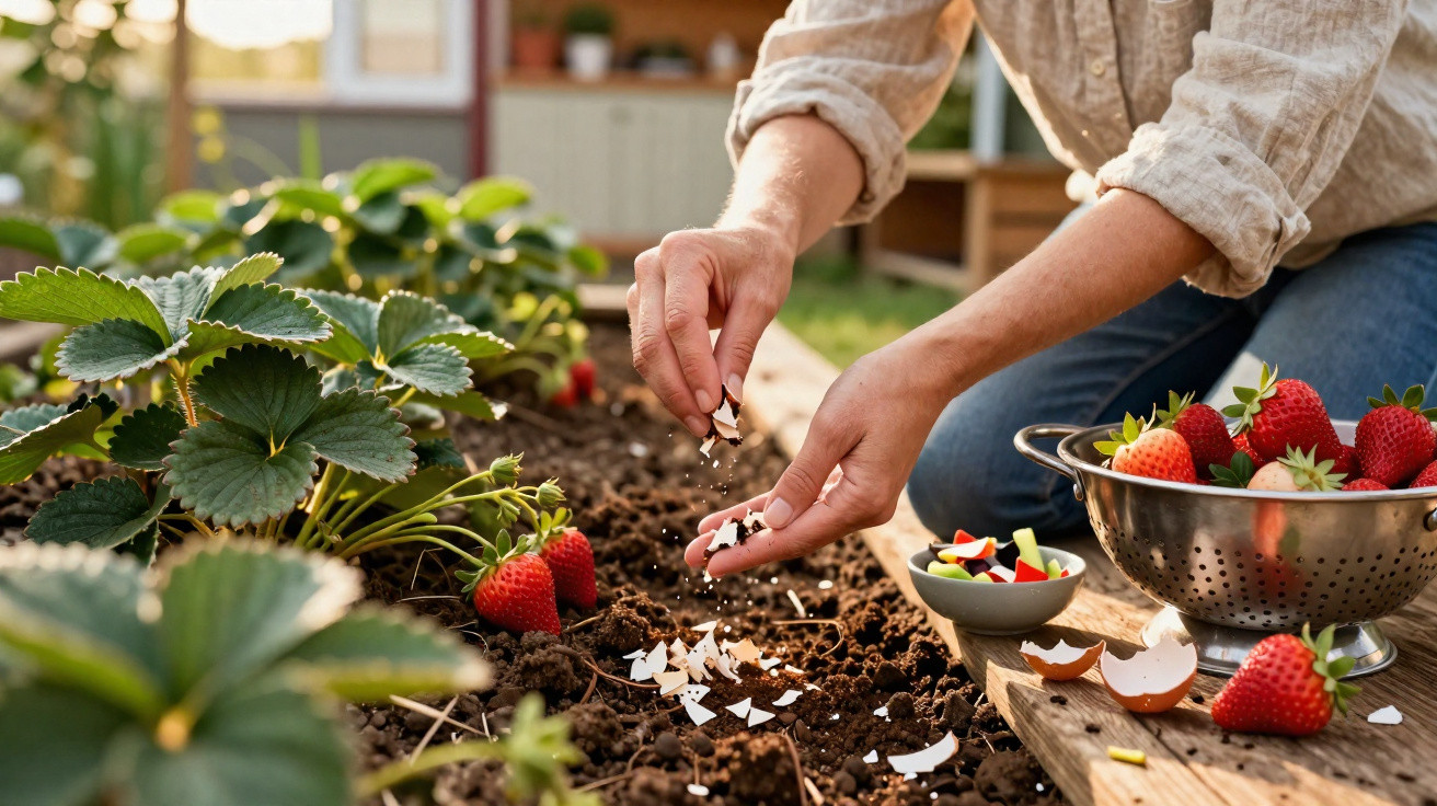 Pessoa adiciona cascas de ovos trituradas na terra de um canteiro com plantas de morango e frutas colhidas.