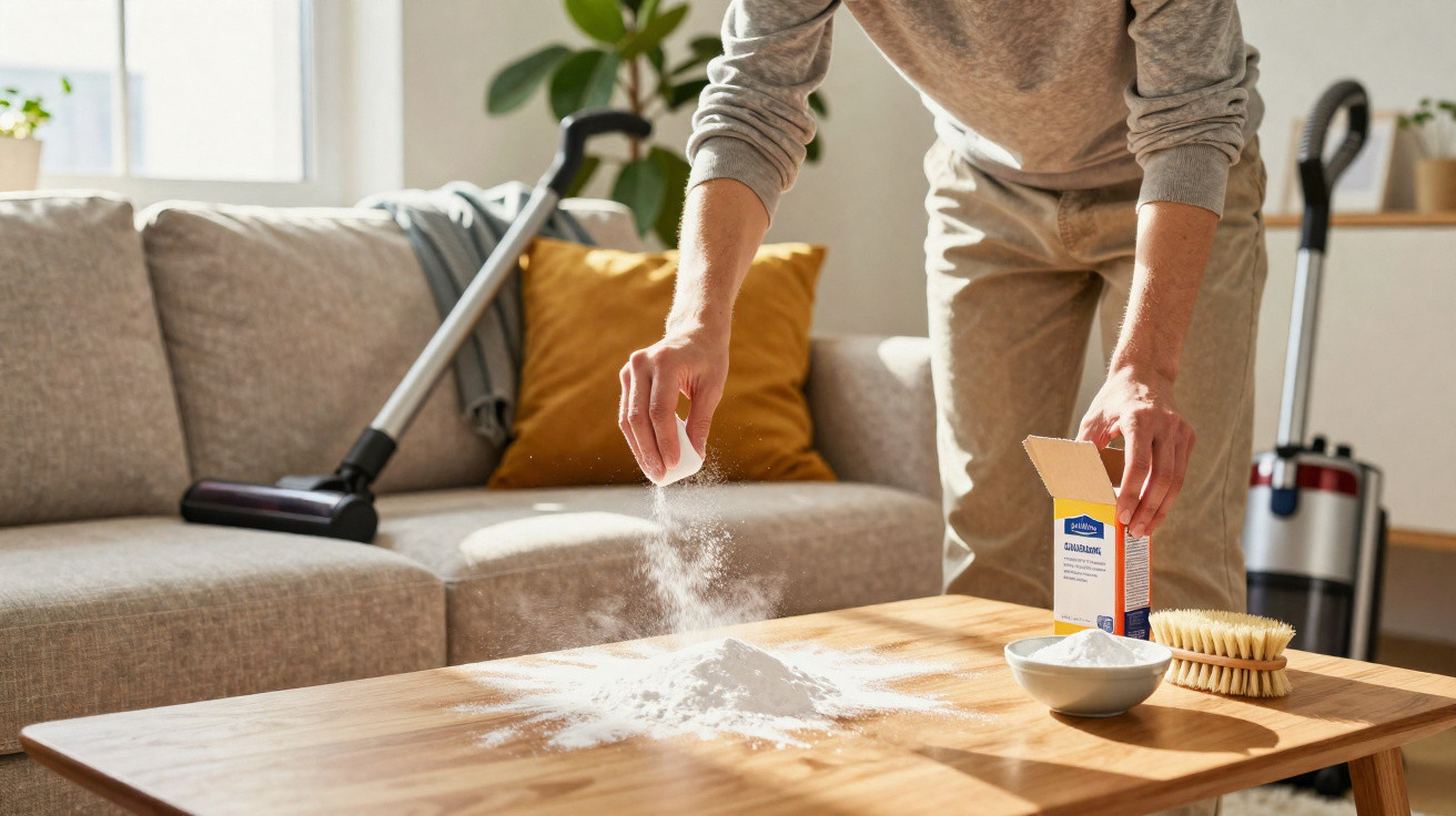 Pessoa aplicando bicarbonato de sódio em mesa de madeira na sala com sofá e aspirador ao fundo.