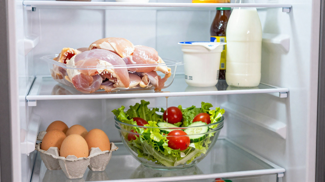 Geladeira aberta com frango cru, ovos, salada, iogurte, leite e molho na prateleira.