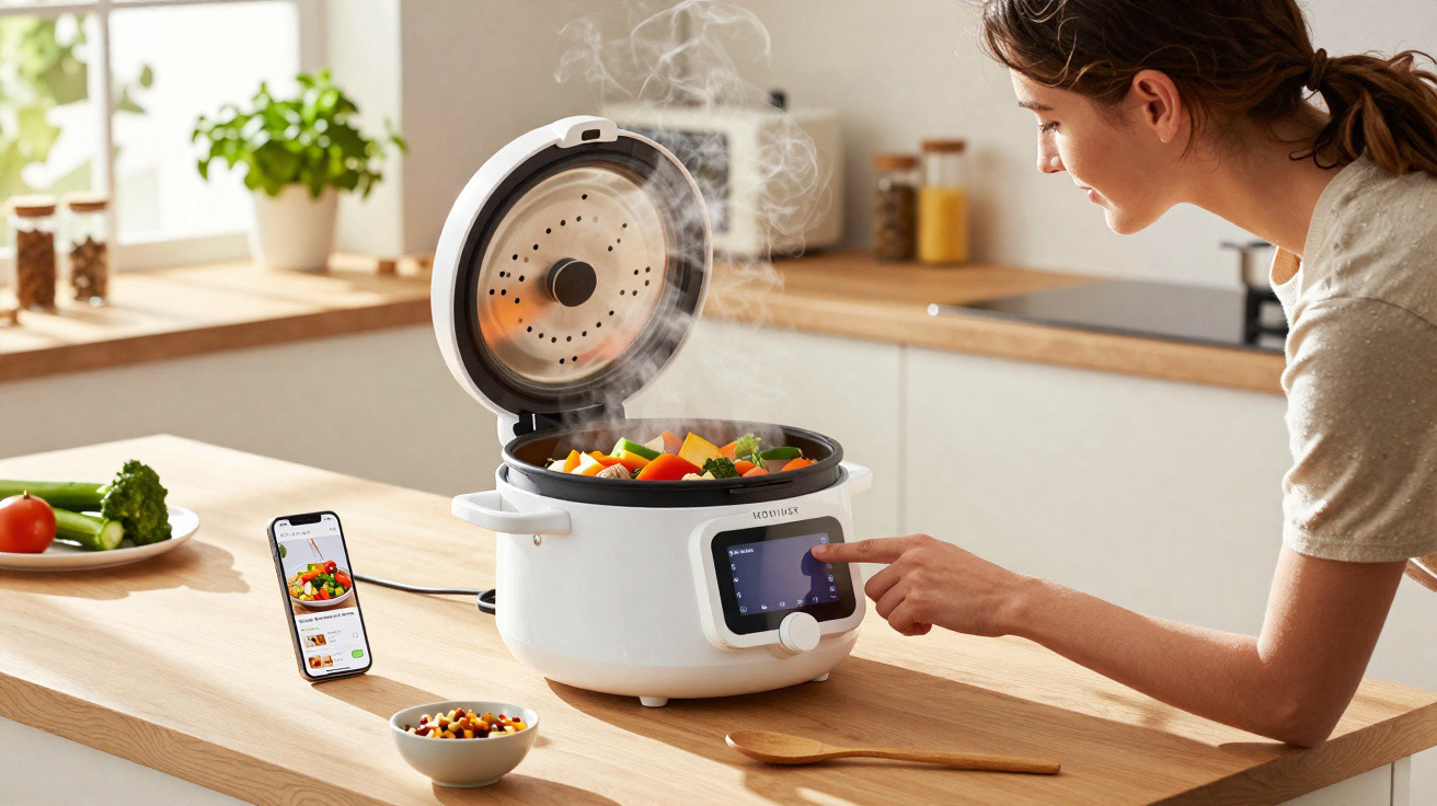 Mulher usando panela elétrica para cozinhar legumes frescos numa cozinha iluminada e moderna.