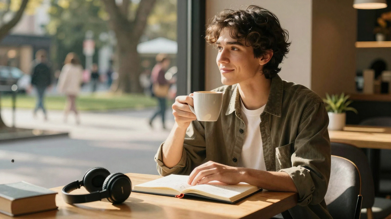 Jovem em cafeteria segurando xícara de café e lendo livro, com fones e livro fechados na mesa.