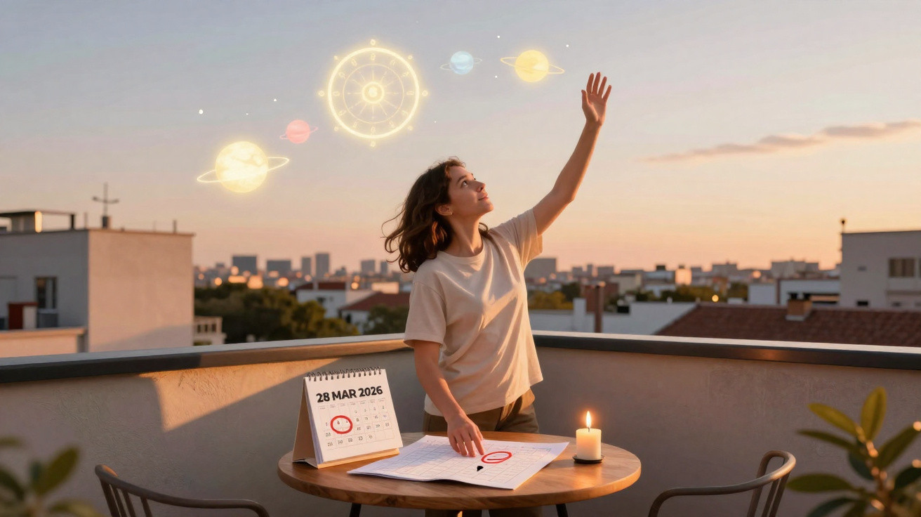 Mulher em varanda ao pôr do sol, apontando para planetas digitais, com calendário e mapa astral na mesa.