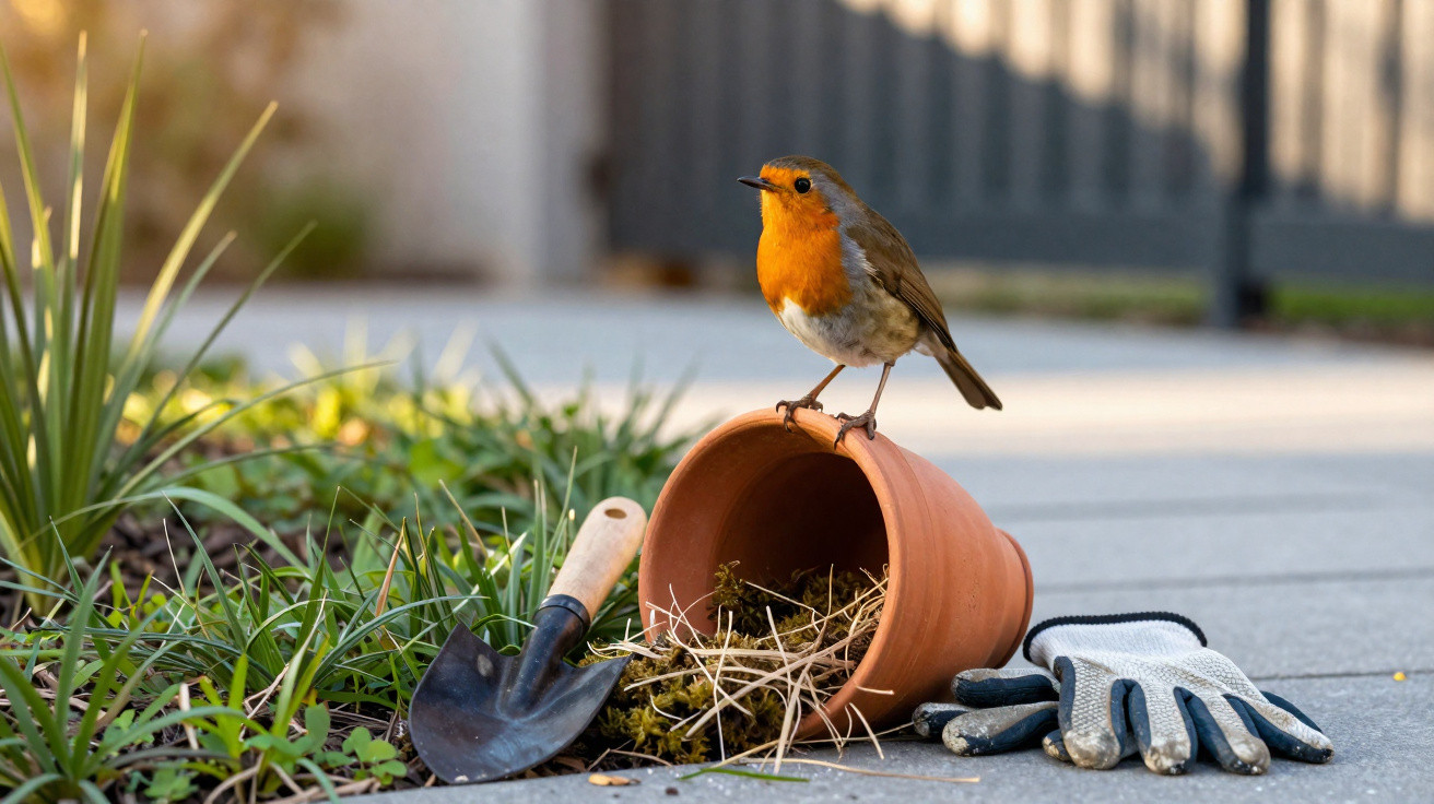 Pássaro com peito laranja em vaso de barro tombado ao lado de pá e luvas de jardinagem em área externa.