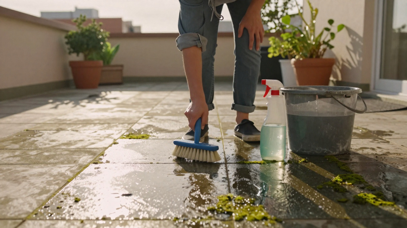 Pessoa limpando terraço com escova, balde e produto de limpeza, com plantas ao fundo.