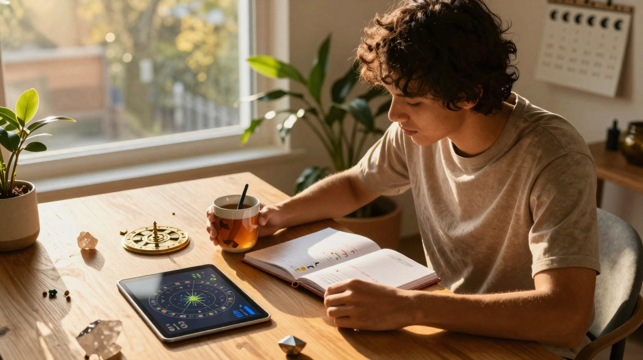 Jovem sentado à mesa lendo livro e segurando xícara, com tablet mostrando mapa astral ao lado.