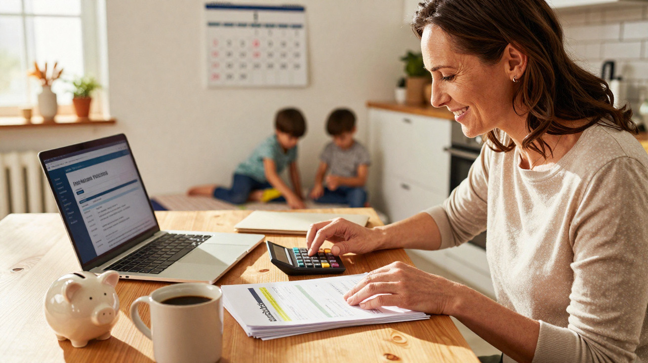 Mulher sorridente usando calculadora para organizar finanças em casa com laptop e crianças ao fundo.